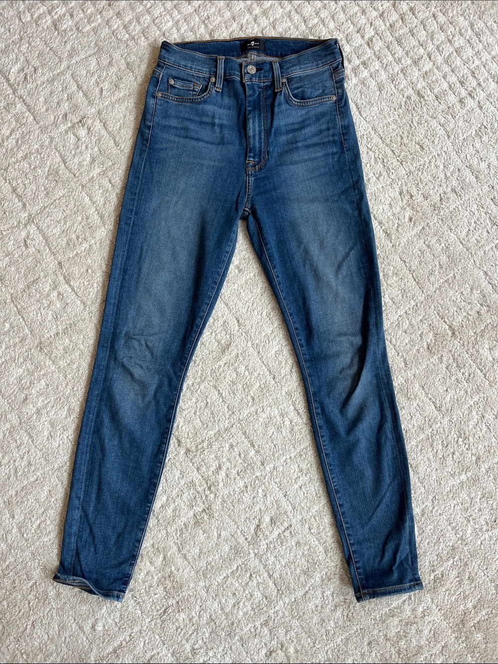 7 For All Mankind High Rise Skinny Jeans in Medium Blue Wash, Super Stretch